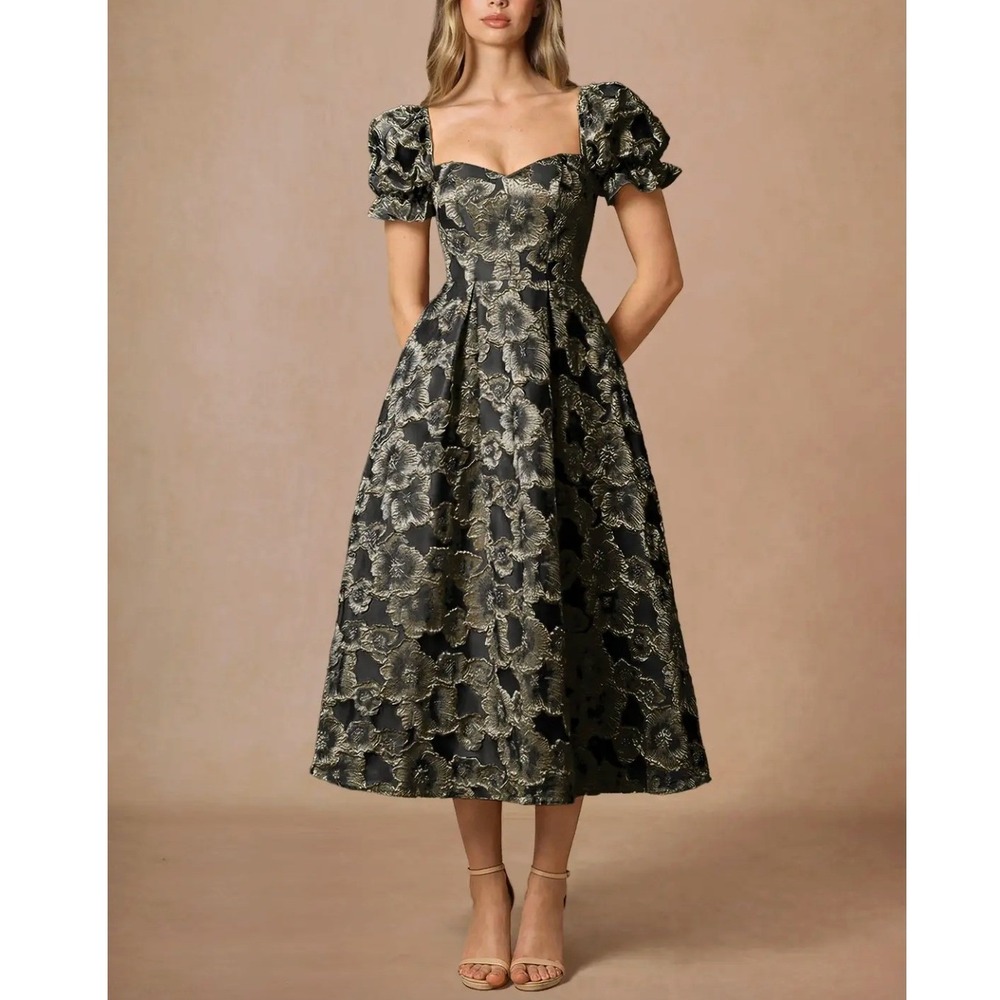 AZAZIE ATELIER Amy Metallic Floral Jacquard Midi Dress with Pockets